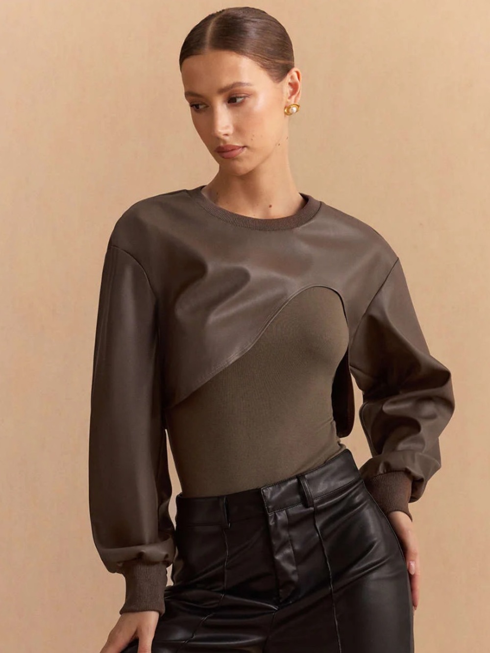 Micas Brown Faux Leather & Knit Bodysuit